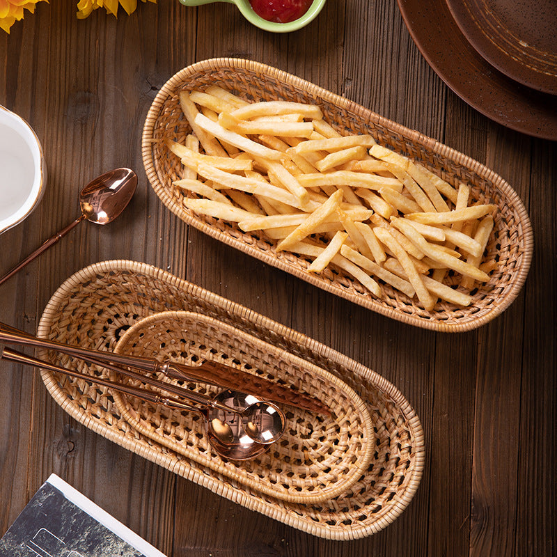 Nordic Style Hand-Woven Rectangular Rattan Storage Basket – Small 18×9.6cm / Large 27×11.8cm (4-Piece Set)