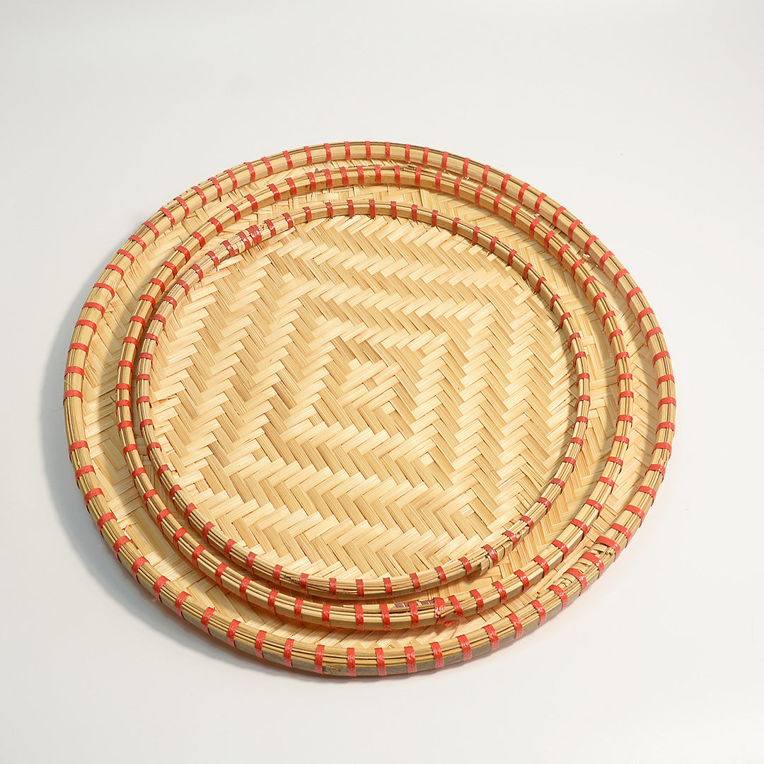 3-Piece Red-Edged Round Rattan Tray Set | A Diverse Fusion of Natural Handcraft and Lifestyle Aesthetics