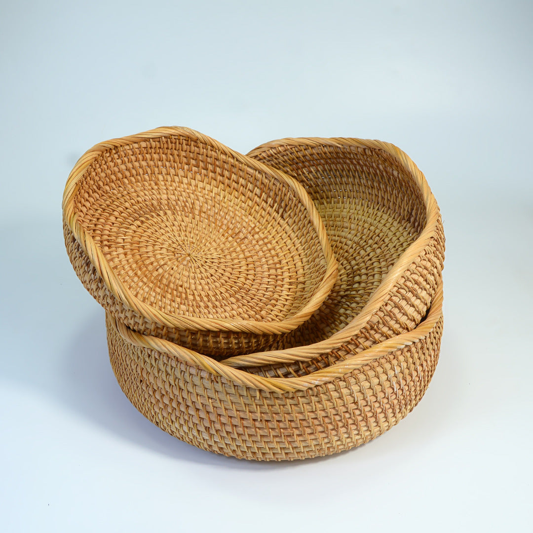 3-Pack Round Bamboo Woven Baskets (Large + Medium + Small) – Handmade Fruit, Bread, Snack & Storage Bins for Home and Kitchen Décor