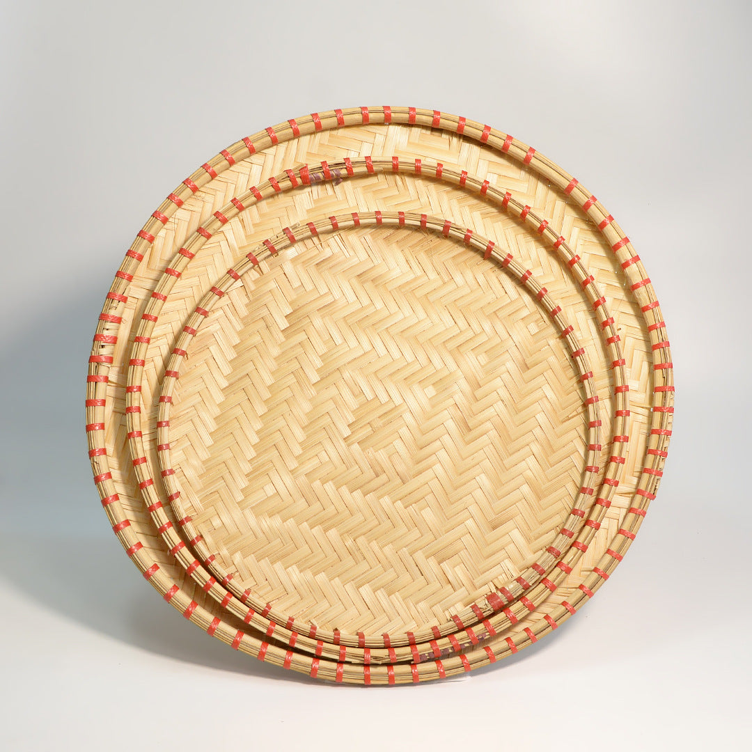 3-Piece Red-Edged Round Rattan Tray Set | A Diverse Fusion of Natural Handcraft and Lifestyle Aesthetics