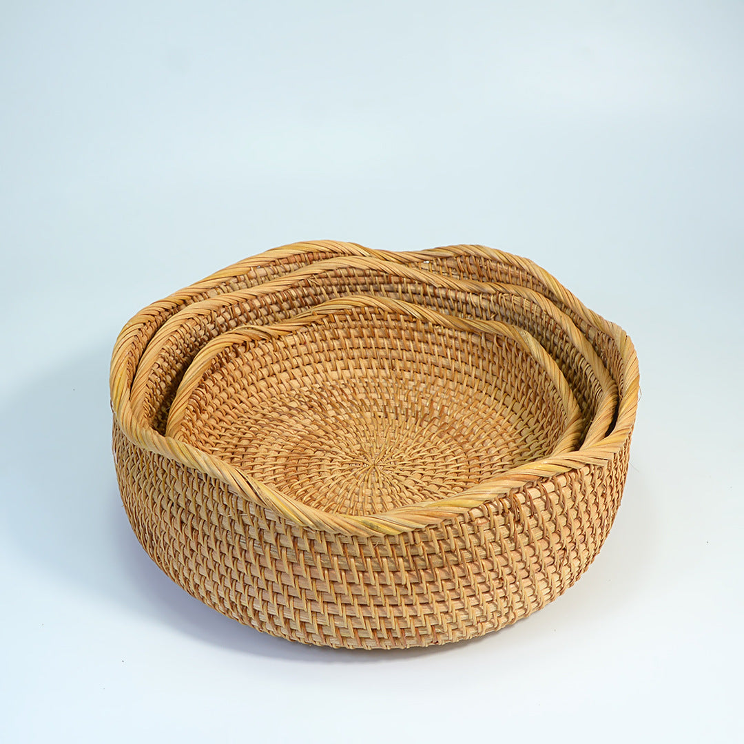 3-Pack Round Bamboo Woven Baskets (Large + Medium + Small) – Handmade Fruit, Bread, Snack & Storage Bins for Home and Kitchen Décor