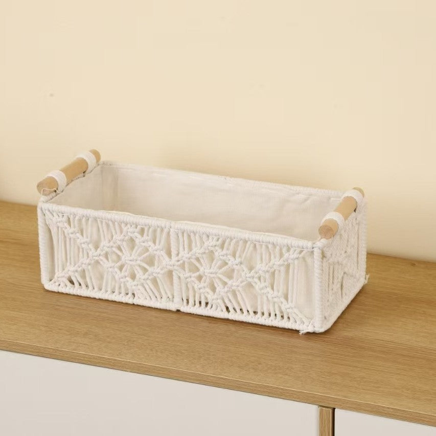 2-Piece Diamond Woven Storage Basket Set – Large & Small Handcrafted Organizer Bin with Wooden Handles, Fabric Lining for Home & Office
