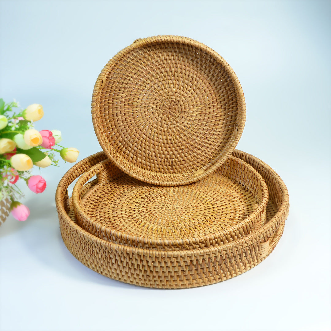 3-Piece Rattan Round Dessert Tray Set | A Perfect Blend of Natural Aesthetics and Practicality