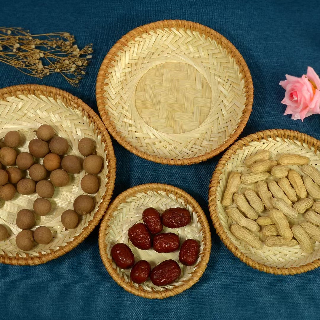 4-Pack Round Bamboo Woven Trays (Assorted Sizes) – Handmade Fruit, Snack & Bread Serving Baskets, Multipurpose Storage and Display Set