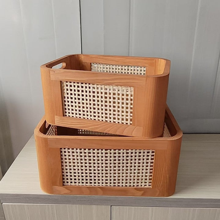 2-Piece Wooden Rattan Storage Basket Set: Create a New Aesthetic for Home Storage