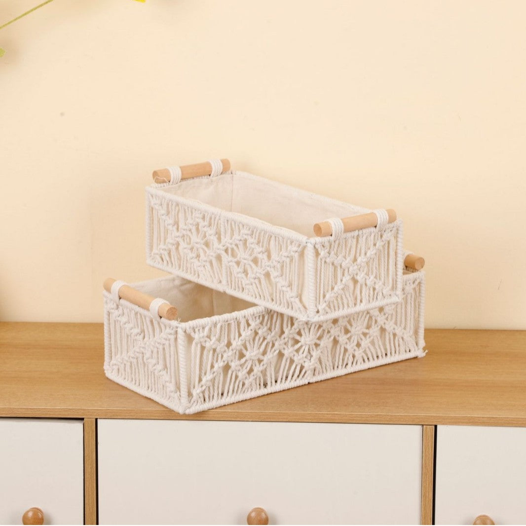 2-Piece Diamond Woven Storage Basket Set – Large & Small Handcrafted Organizer Bin with Wooden Handles, Fabric Lining for Home & Office