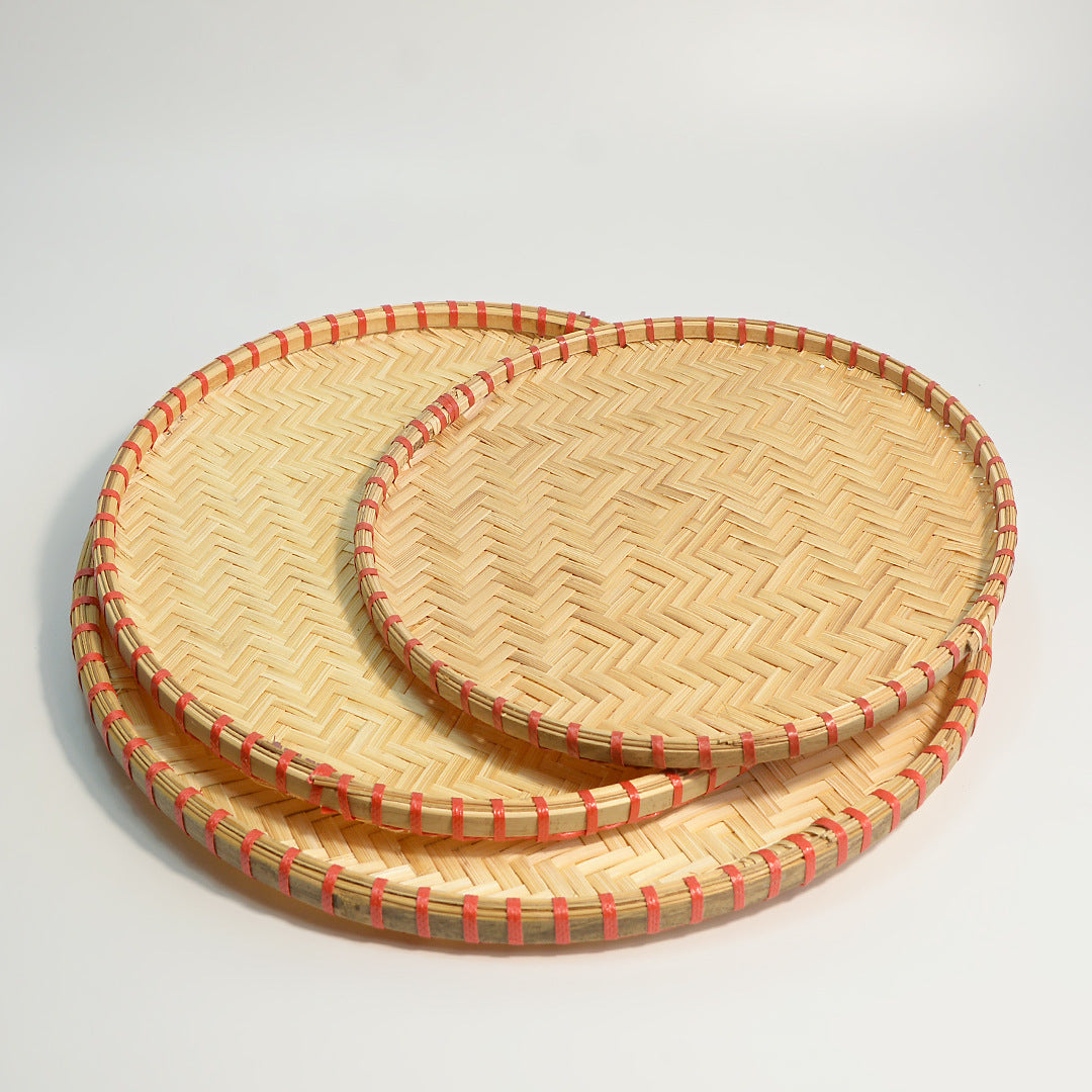 3-Piece Red-Edged Round Rattan Tray Set | A Diverse Fusion of Natural Handcraft and Lifestyle Aesthetics