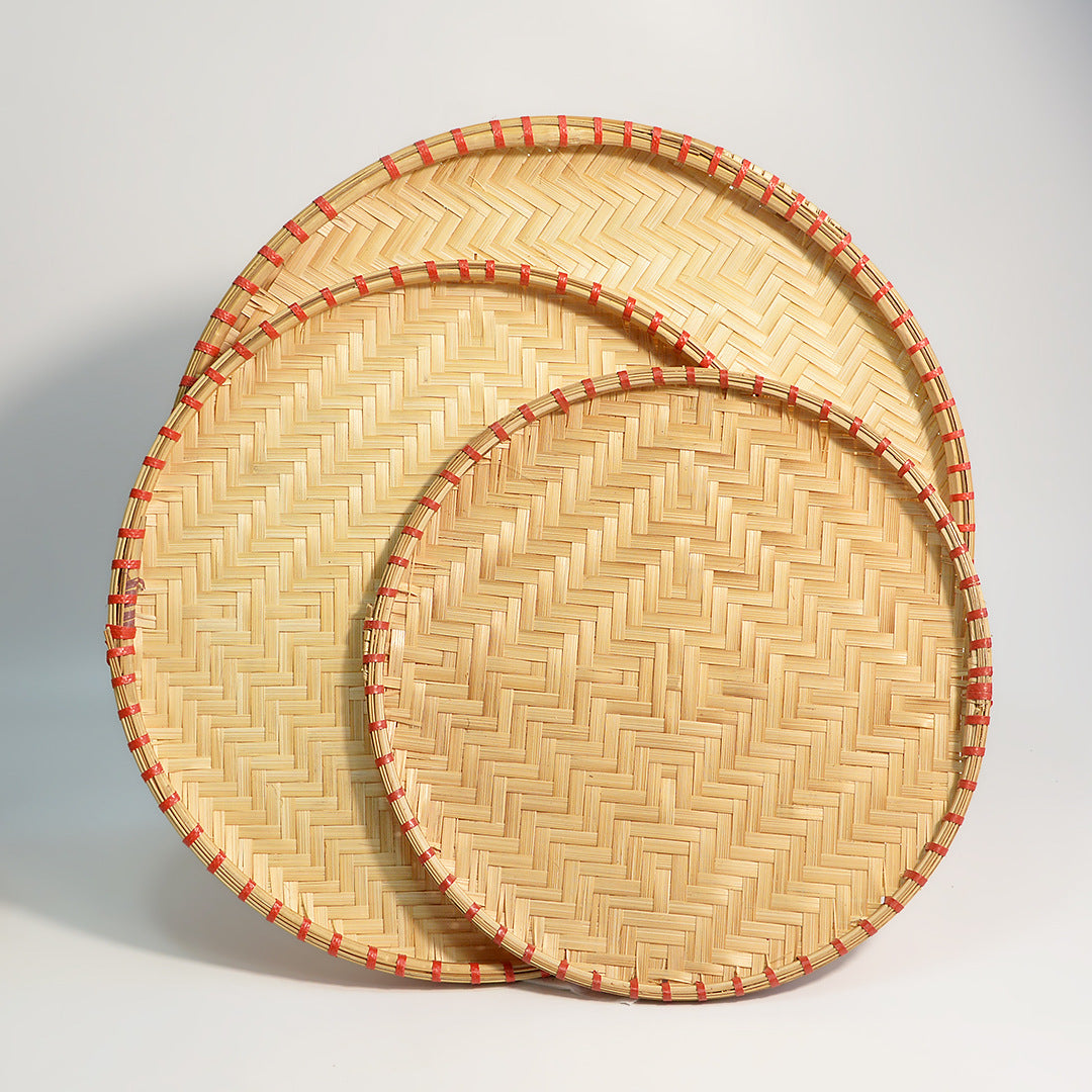 3-Piece Red-Edged Round Rattan Tray Set | A Diverse Fusion of Natural Handcraft and Lifestyle Aesthetics