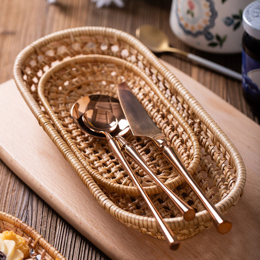 Nordic Style Hand-Woven Rectangular Rattan Storage Basket – Small 18×9.6cm / Large 27×11.8cm (4-Piece Set)