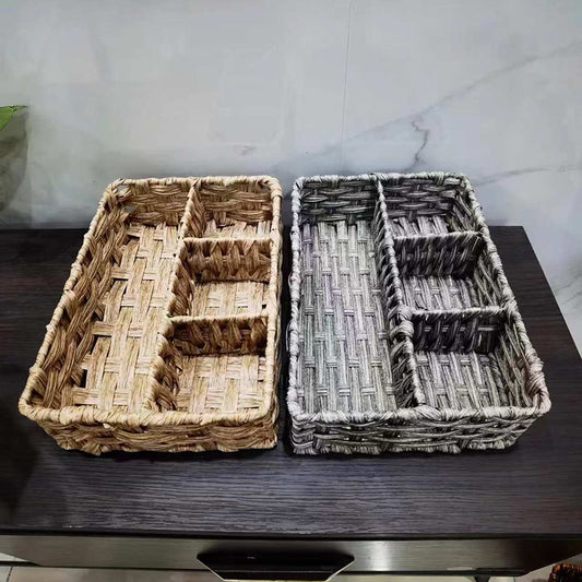 2-Piece Handwoven Storage Baskets with Compartments (30×20×7cm, Natural Material, Desktop & Drawer Organizer)