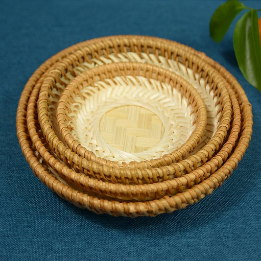 4-Pack Round Bamboo Woven Trays (Assorted Sizes) – Handmade Fruit, Snack & Bread Serving Baskets, Multipurpose Storage and Display Set