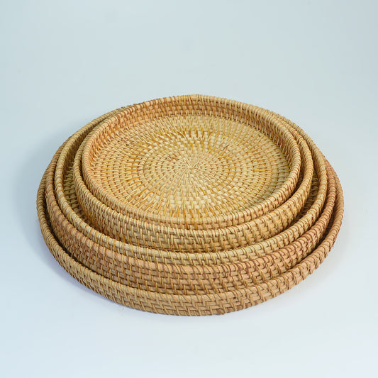 5-Pack Round Bamboo Woven Trays without Handles (22/24/28/30/32cm) – Handmade Serving & Storage Plates for Fruits, Snacks, Bread, and Home Decoration