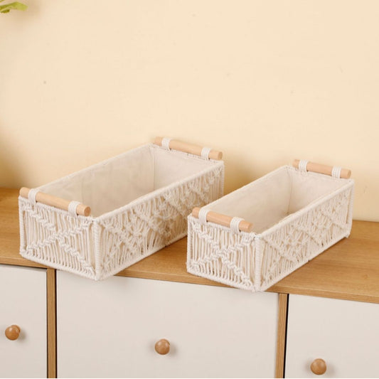 2-Piece Diamond Woven Storage Basket Set – Large & Small Handcrafted Organizer Bin with Wooden Handles, Fabric Lining for Home & Office