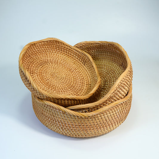 3-Pack Round Bamboo Woven Baskets (Large + Medium + Small) – Handmade Fruit, Bread, Snack & Storage Bins for Home and Kitchen Décor