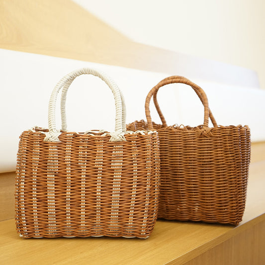 Handmade Rattan Tote Bag 2 Pack – Vintage Woven Handbag, Casual Shopping Bag, Beach Picnic Basket
