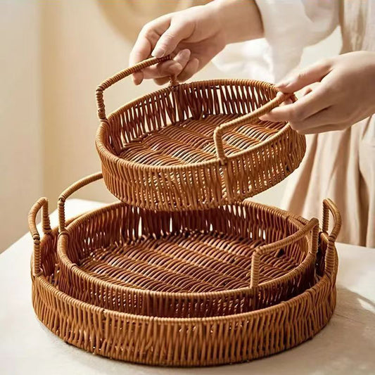 3-piece imitation rattan fruit tray with two handles - natural texture, full of life poetry