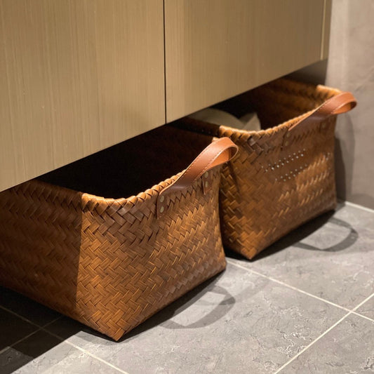 Set of 2 Storage Baskets with Braided Leather Handles – Infuse natural order and texture into your space