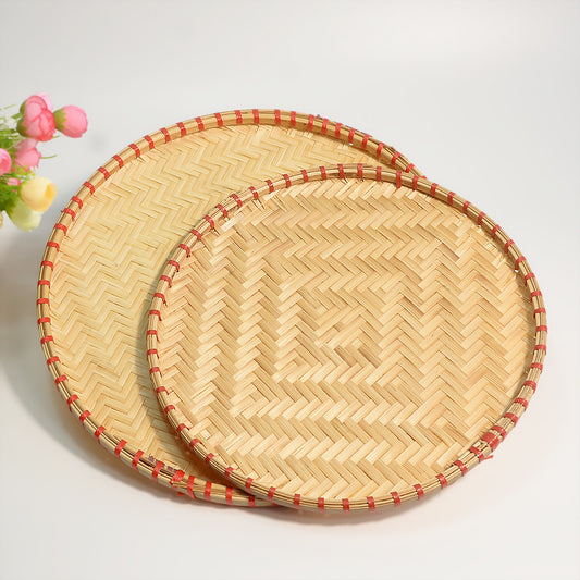 3-Piece Red-Edged Round Rattan Tray Set | A Diverse Fusion of Natural Handcraft and Lifestyle Aesthetics
