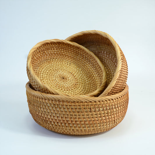 3-Pack Round Bamboo Woven Baskets (Large + Medium + Small) – Handmade Fruit, Bread, Snack, and Multipurpose Storage Bins for Home & Décor